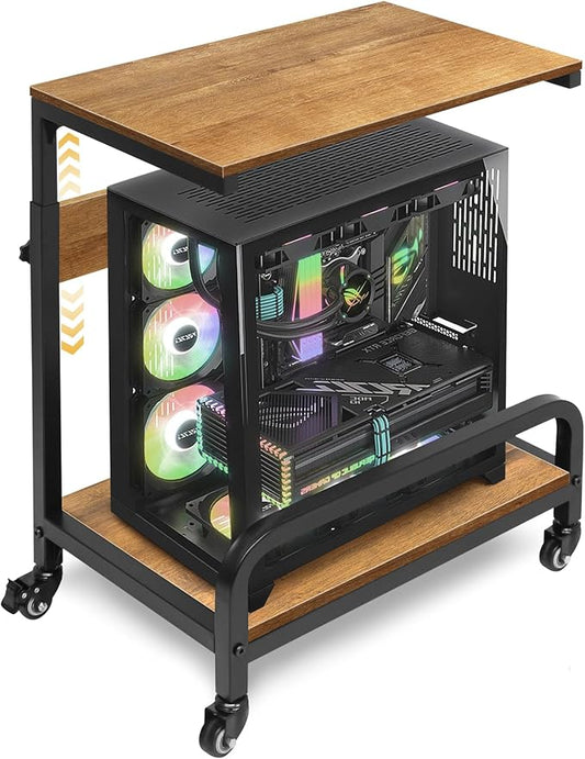 2-Tier Computer Tower Stand Adjustable, Gaming PC Floor Stand Large for ATX, E-ATX, ITX, Rolling PC Tower Cart with Guardrail, Metal Locking Wheels, 32.7" X 21.6" X 15.8",Walnut
