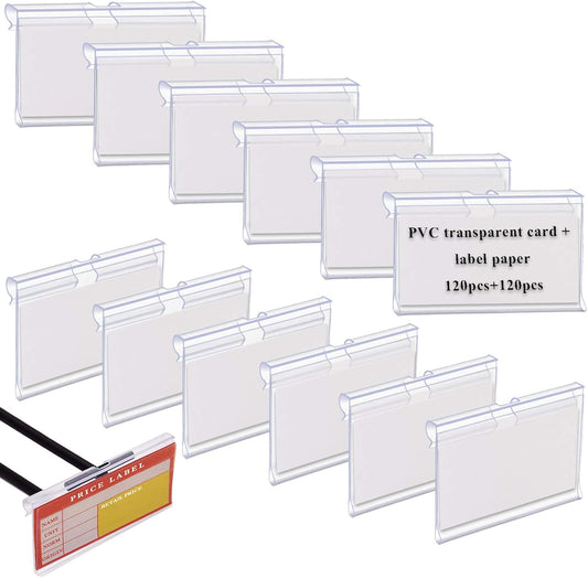 120PCS Clear Plastic Label Holders Clear Plastic Bin Clip Labels for Baskets Wire Shelf Price Card Tag, Aulufft Transparent Label Holder with 120pcs Paper Labels for Storage Bins (2.36 x 1.65 inches)