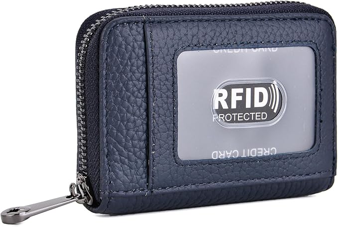 Genuine Leather Credit Card Wallet Accordion Zipper Rfid Credit Card Holder Small Coin Purse with ID Window (dark blue)