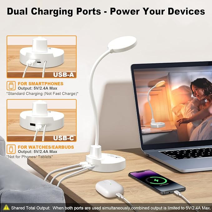 15W LED Desk Lamp with USB Charging Ports – Dimmable Table Lamp with 3 Color Temps, 5 Brightness, 4 Timers, Flexible Gooseneck Light with Base, Eye-Caring Reading Light for Home Office, Bedroom, Study