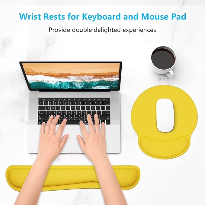 Dapesuom Keyboard Wrist Rest and Mouse Pad with Wrist Support, Cute Memory Foam Cushion for Keyboard and Mouse Set, Desktop Pad Rests with Non Slip Base for Easy Typing & Pain Relief, Apricot Yellow