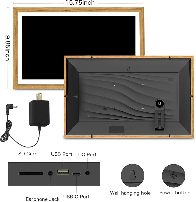 Frameo Digital Picture Frame, Frameo 15.6 Inch Large Digital Photo Frame WiFi, 1920 * 1080 IPS FHD Touchscreen, 32GB, Wall-Mounted, Share Video Picture, Electronic Frame, Mom Gifts, Natural Woodgrain
