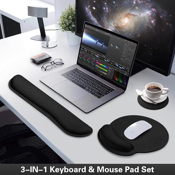 Mouse Pad Black, Ergonomic Keyboard Wrist Rest, Mouse Pad with Wrist Rest | Gaming Mousepad with Wrist Support, Memory Foam Wrist Rest Set for Computer Keyboard, Office Desk Accessories