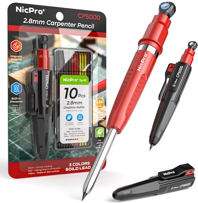 Nicpro 7-in-1 CP5000 Magnetic Carpenter Pencils with Sharpener and Holster | Construction Mechanical Pencil+10 Refill, Deep Hole Marker for Construction, Woodworking Pencil, Carpenter Tools for Marking