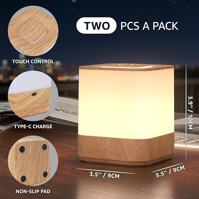 uuffoo 2 Pack Rechargeable Night Light Lamp 3 Color Touch Dimmable LED Portable Table Lamp Battery Operated, USB Changing, Small Cordless Lamp for Bedside Bedroom Travel
