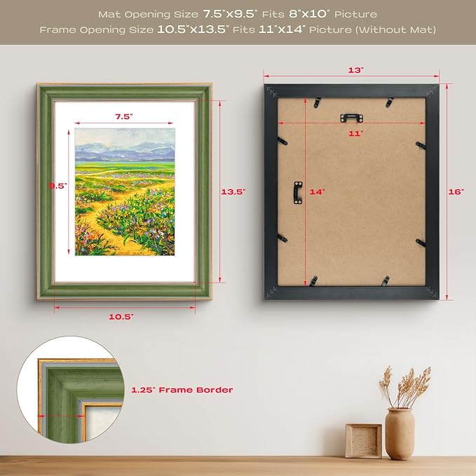 Golden State Art, 11x14 Photo Frame With Mat for Pictures 8x10 and Real Glass (Green With Gold Trim - White Color Mat, 1.25 Inch Frame Border)