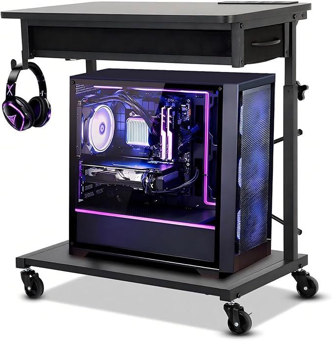 FAHKNS 2-Tier Computer Tower Stand - Computer Tower Floor Stand，PC Tower Stand with Power Outlet & Lockable Wheels，PC Holder for Office/Home/Studio/Game Room