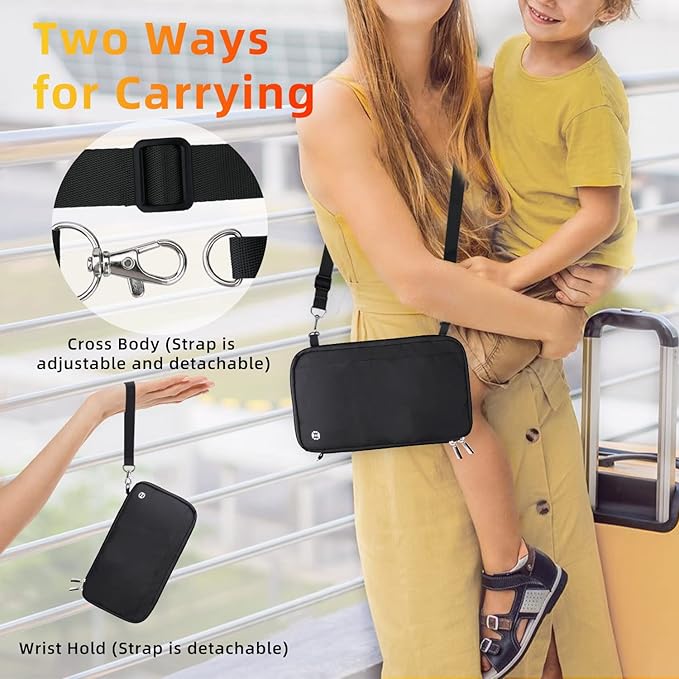 WALNEW Passport Holder for Travel Family, RFID Blocking Passport Wallet | International Travel Essentials, Travel Document Holder with Wristlet and Cross Body Straps, Fits 7 Passports for Family
