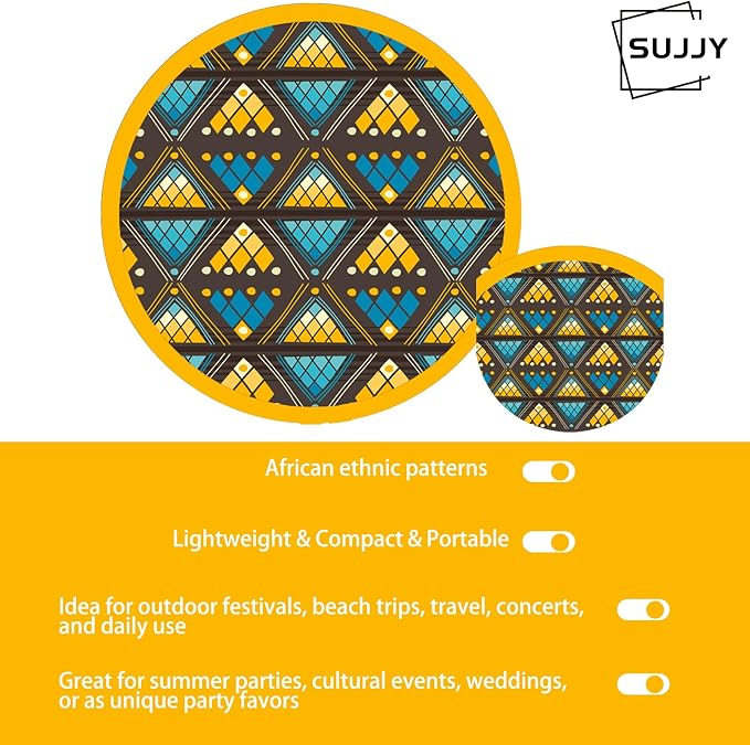 4 Pack Ethnic African Print Folding Hand Fan – Portable Circle Fabric Fan, Boho Ethno Pattern, Lightweight Cooling Fan for Travel, Festival, Beach, Summer Gift (Yellow)