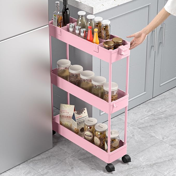 Slim Storage Cart 3 Tier,Bathroom Organizer Rolling Utility,Mobile Shelving Unit Slide Out for Office, Kitchen, Laundry Room & Narrow Places,Pink