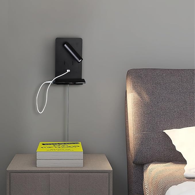 ZEROUNO Plug in Wall Sconce with Switch LED Bedside Lamp Bedroom Wall Mounted Reading Light with USB Port Wall Lighting 3000K（Black）