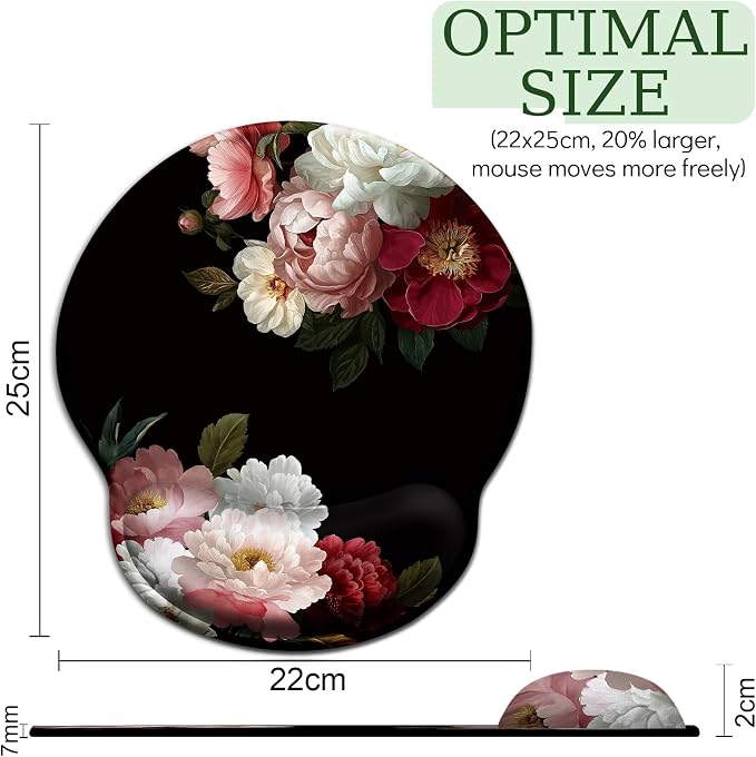 LIMKRIAN Black Flower Ergonomic Mouse Pad with Wrist Rest, 9.8 x 8.6 in | Comfort Gel Wrist Support Pain Relief, Non-Slip PU Base, Smooth Surface, Mousepad for Computer Office Desk Accessories Decor