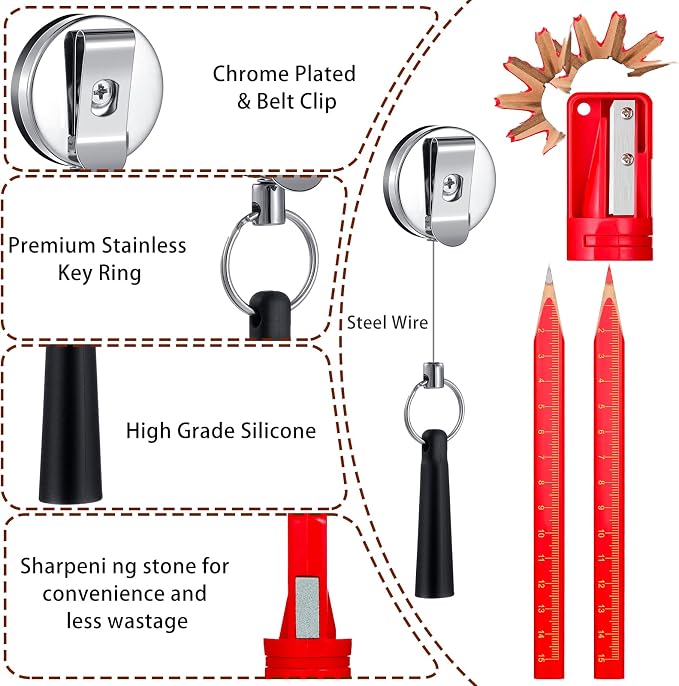 Honoson 24 Pcs Carpenter Pencil with Sharpener,Red and Black Refill | Construction Pencils for Jobsite, Octagonal Flat Design Prevents Rolling, Black Refill Clear Marking, Retractable Pen Holder
