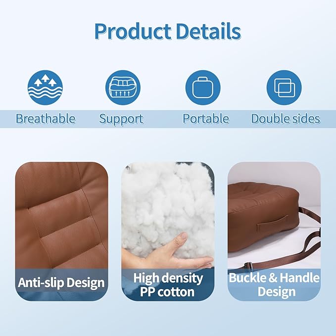 YOUFI Leather Seat Cushion Extra-Thick Booster for Office Chair to Rise Height - Full Filling for Support - with Breathable Cover, Handle and Buckle - Relieves Back Pain – 18"x16"x6" (Brown)