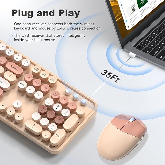 MOFII Wireless Keyboard and Mouse Combo,2.4GHz Retro Full-Size Keyboard with Number Pad and Cute Wireless Mouse for Computer PC Desktops Laptop WindowsxP/7/8/10(Milk Tea Colorful-B)