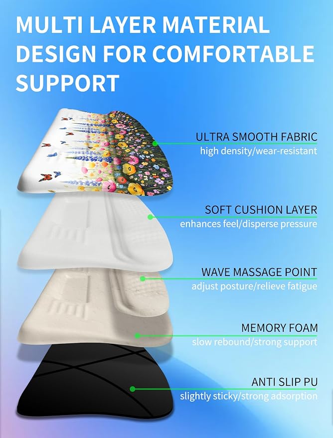 Ergonomic Wave Wrist Rest with Keyboard Stand, Cushioned Palm Rest, Comfortable Integrated Memory Foam for Natural Typing and Relieve Wrist Pain, Flowers and Butterflies