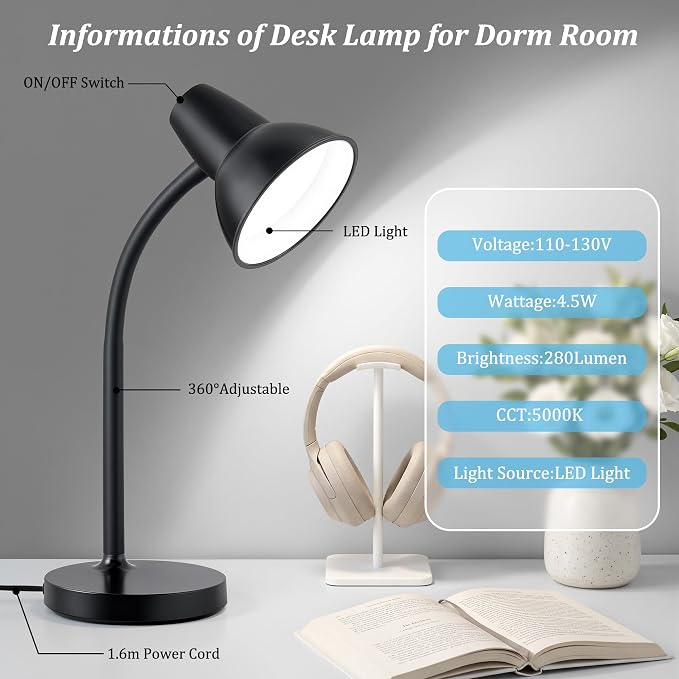 LED Desk Lamps for Home Office, Flexible Gooseneck Eye-Caring Study Lamps | Energy-Saving Desk Light, Anti-tip Heavy Duty Bedside Reading Light, Desk Lamps for College Dorm, Home Office, with 1.6m Cord