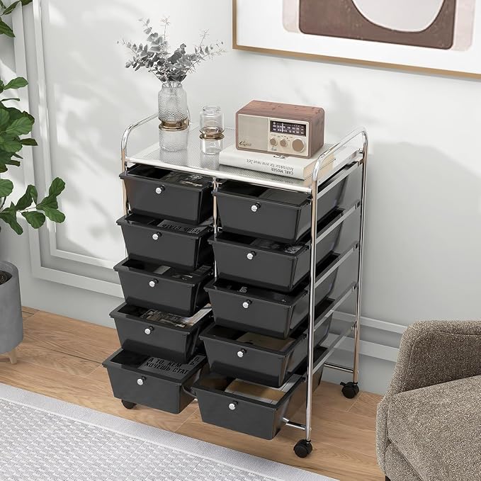 10 Drawer Rolling Cart, Storage Cart Organizer on Wheels, Drawer Cart with Metal Frame & Large Storage Capacity, Rolling Cart with Drawers for Living Room Classroom, Office
