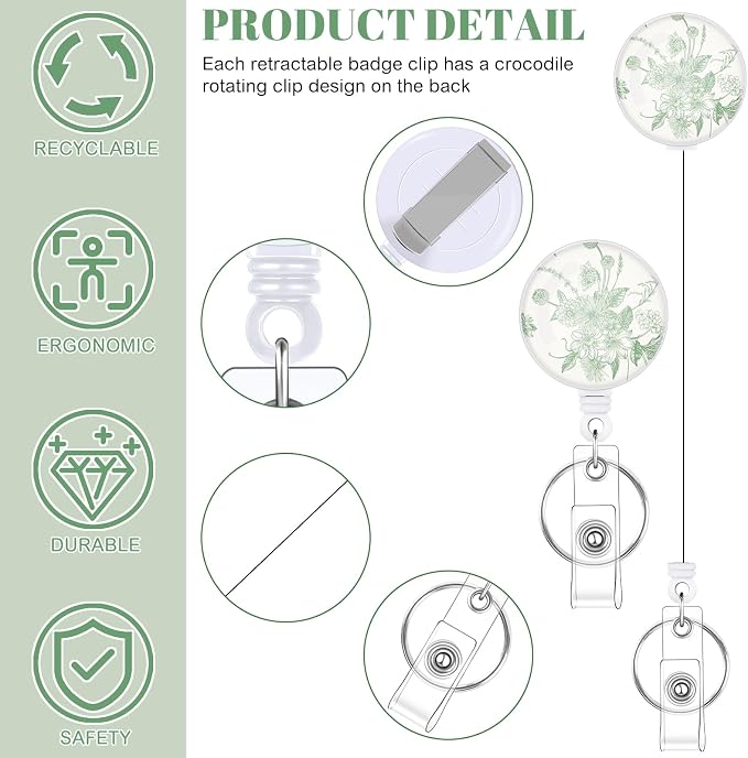3 Set Floral Badge Holder Retractable Reel ID Badge Holders with Clip Cute Badge Holders for Teacher Nurse Doctor Student Office