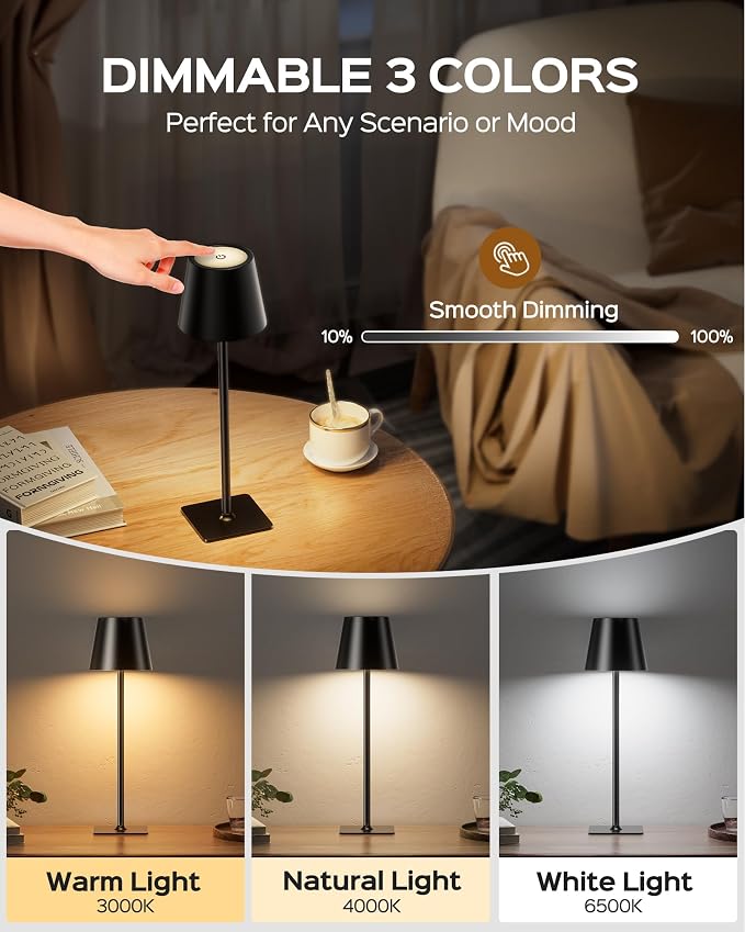 JACKYLED Cordless Table Lamps Rechargeable, 3 Adjustable Height, 5000 Capactiy Operated, 3 Colors Smooth Dimming, Portable LE