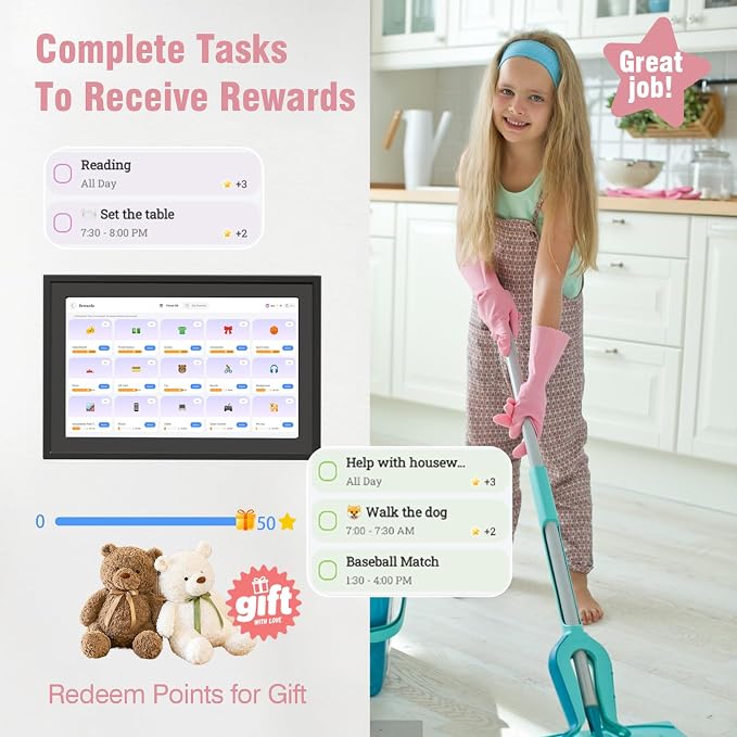 Digital Photo Frame 10.1" WiF Touch Screen Digital Wall Calendar, Family Planner with Chore Reward, Meal Plan, Audio Reminder, Shared Schedule, No Subscription, Wall & Desk Mount
