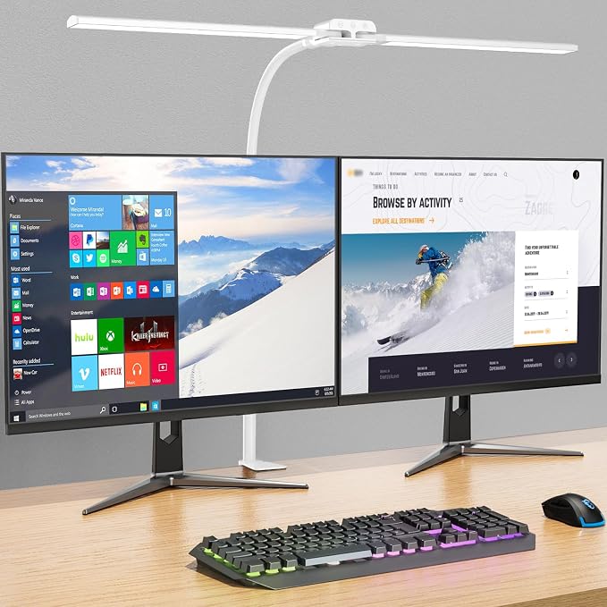 LED Desk Lamp with Clamp, Double Head for Dual Screen, 4 Color Modes,White | Eye-Caring 1200LM Desk Lights for Home Office Monitor Computer Workbench,3000-6000K Dimmanle Table Lamp Memory & 30-Min Timer