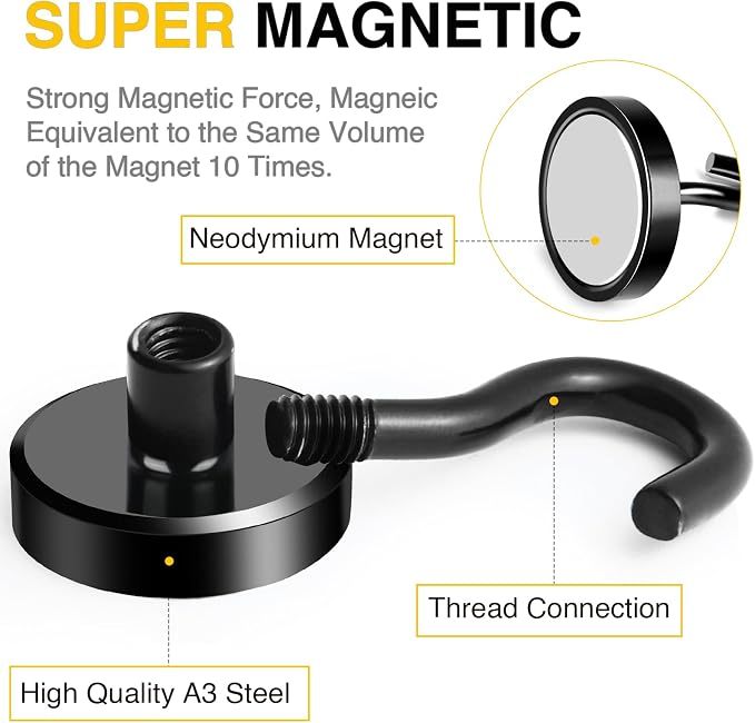 DIYMAG Magnetic Hooks, 85lbs 10pcs Cruise Cabin Essentials Heavy Duty Black | Strong Neodymium Rare Earth Magnets, for Kitchen, Classroom, Beach, Cruise Cabins, Refrigerator, Hanging Key Clothes Wall Hat