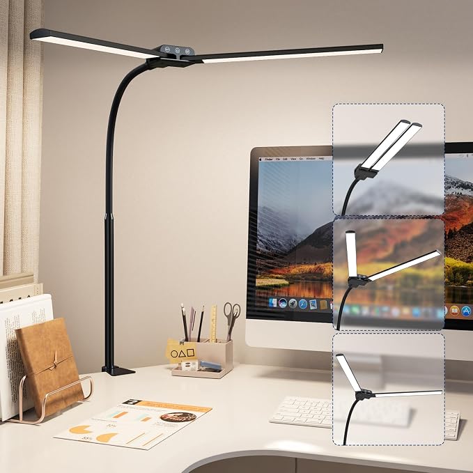 Desk lamp,Double Head LED Desk Lamp with Clamp,Architect Desk Lights for Home Office,Eye-Caring Desktop Office Lamp 4-Brightness 4-Color Table Lamp for Monitor Workbench Study Reading | Eye-Caring Desk Lights for Home Office Monitor Computer Workbench,...