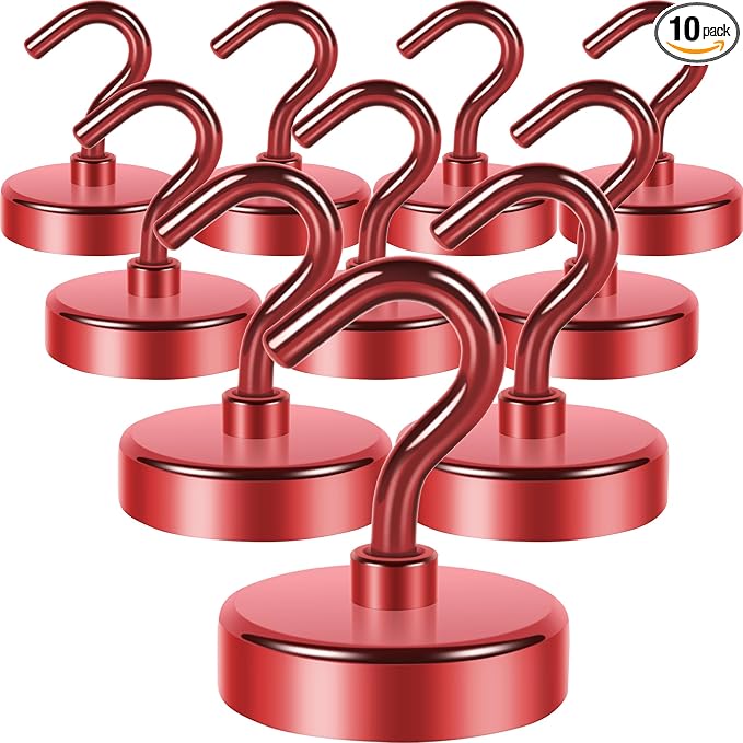 Neosmuk Magnetic Hooks, Heavy Duty 85lb+ Strong Magnet Hook for Cruise Cabins, Cruise Essentials 2026 for Hanging, Metal Wall Refrigerator Hangers (Red, 10 Pack)