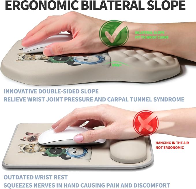 Ergonomic Raised Mouse Pad Wrist Support with Bilateral Slope Memory Foam Mousepad for Wrist Rest and Carpal Tunnel Pain Relief 11.8x7.9〃Cute Cat Gathering
