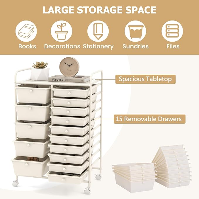 RELAX4LIFE 15-Drawer Storage Drawer Carts - Mobile Rolling Utility Cart w/Wheels, Craft Organizer for Classroom Organization and Storage, School, Office, Home, Storage Organizer Cart (White)