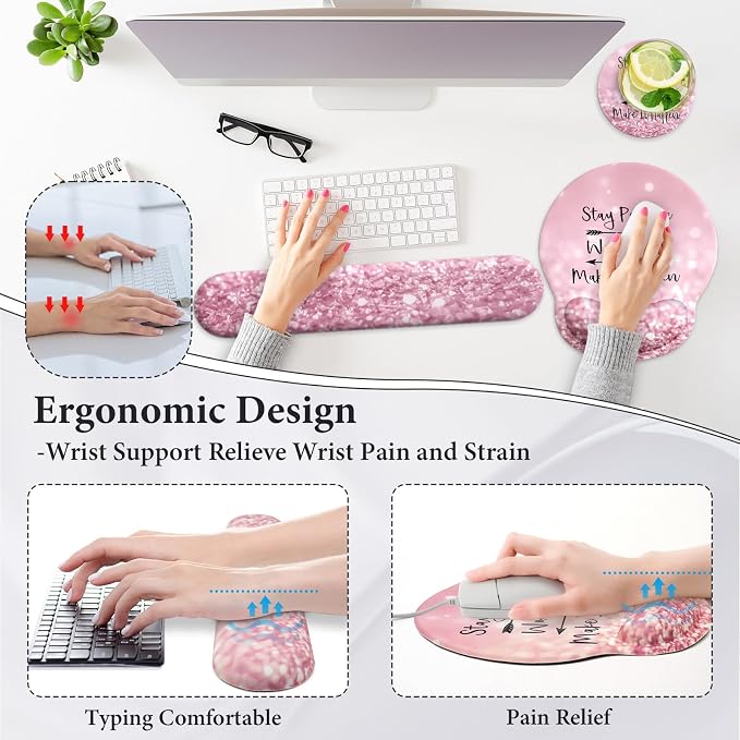 3 in 1 Ergonomic Mouse Pad and Keyboard Wrist Rest with Coaster Set-Pink | Cute Large Mousepad with Gel Wrist Support for Gaming Computer Laptop Women Office Home Desk Decor