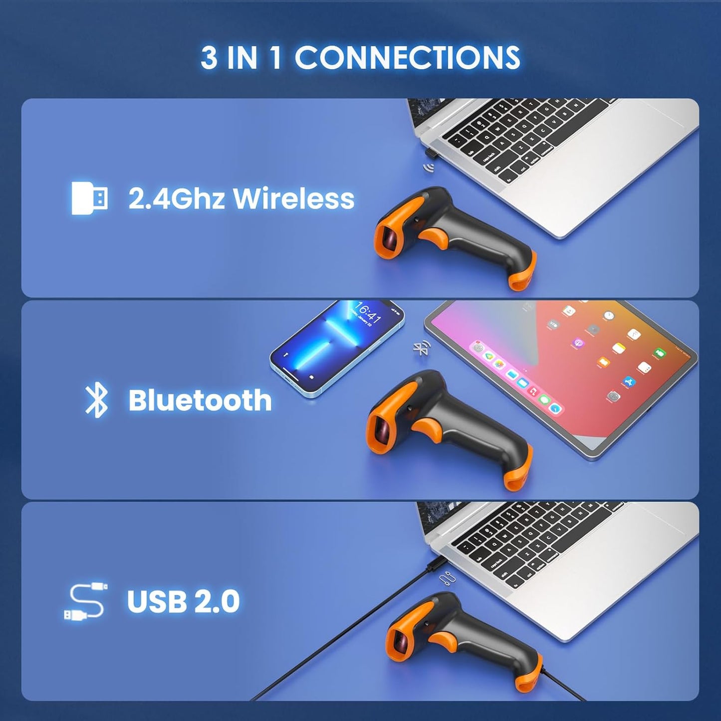 Eyoyo 2D QR Bluetooth Barcode Scanner Wireless, 2500mAh Handheld Cordless USB Wired 1D UPC Bar Code Reader for Book Library, Warehouse Inventory Compatible with iPad, Android Phone, iPhone, Laptop