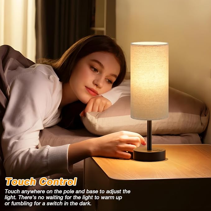 Dicoool Bedside Table Lamp for Bedroom - 3-Way Dimmable Touch Lamp, USB A+C | LED Bulb Included, 14" Small Nightstand Lamp for Desk, Living Room, Guest Room, Beige Fabric Lampshade, Black Metal Base