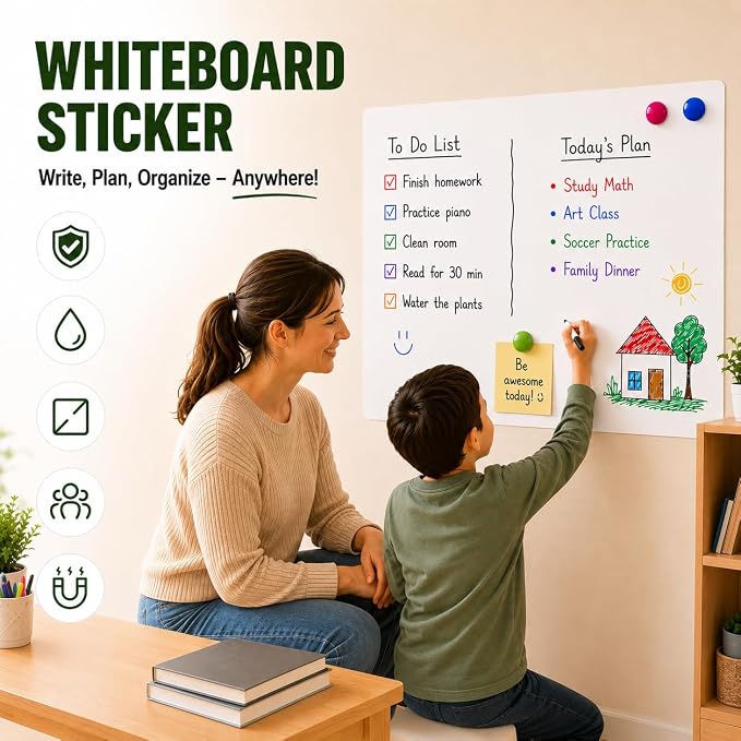 Magnetic Dry Erase Board Contact Paper 47"x94" for Wall | Stick on magnetic white boards for walls. Magnet receptive magnetic board for wall holds magnets.
