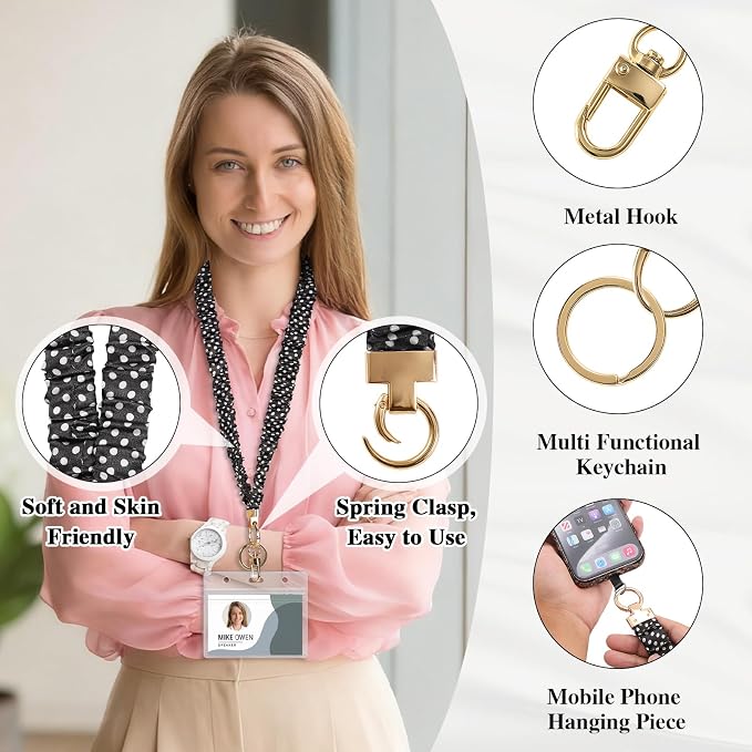 Prudiut Scrunchie Lanyard for Id Badges, Retractable Teacher Lanyards Cute Stretchy Scrunchie Lanyard with Id Holder for Women (Black Polka Dot)