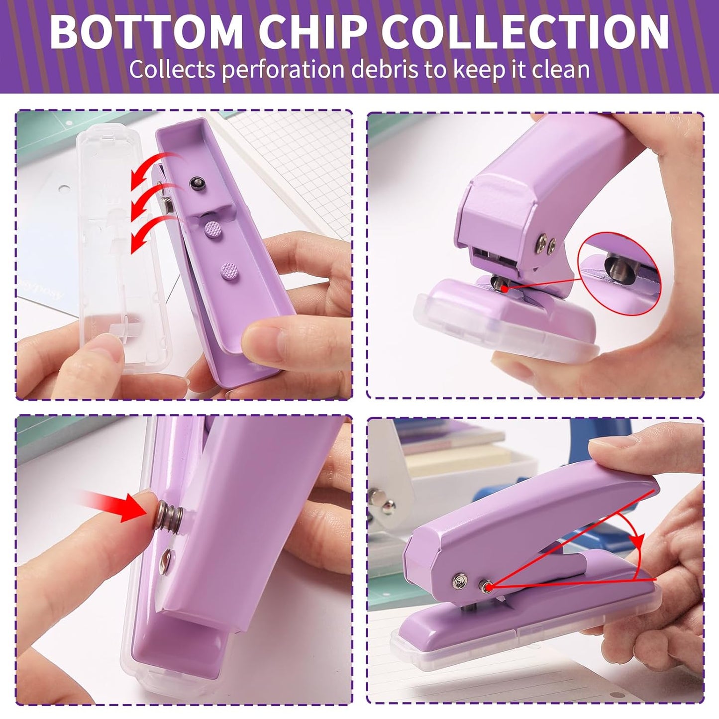 Single Hole Punch, 40 Sheets Punch Capacity, Kaluofan Hole Puncher Single, Small Hole Punch with Non-Slip Removable Base, One Hole Puncher for Crafts, Scrapbooks, Paper, Chipboard (Purple)