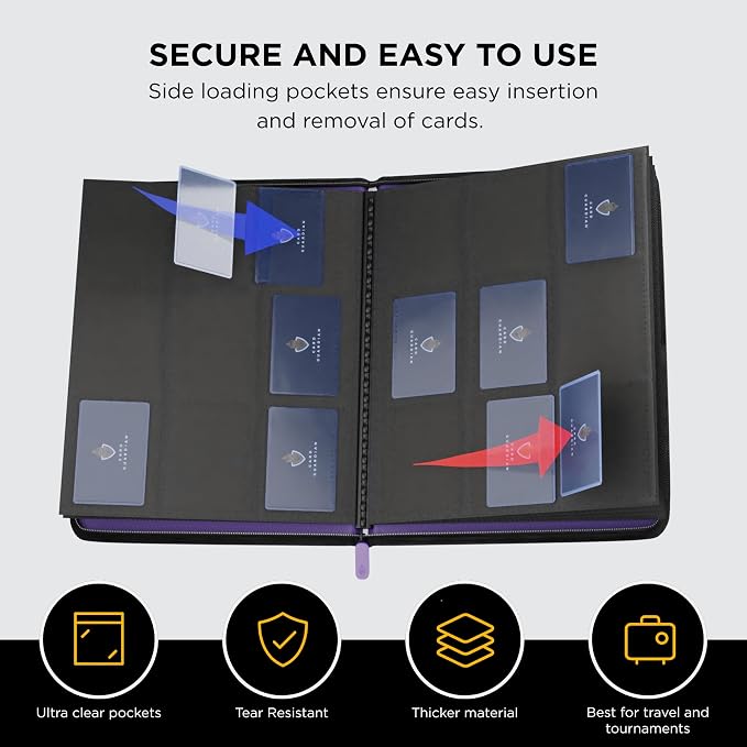 Card Guardian - 9 Pocket Premium Black Binder with Zipper for 360 Cards - Side Loading Pockets for Trading Card Games TCG (Purple)