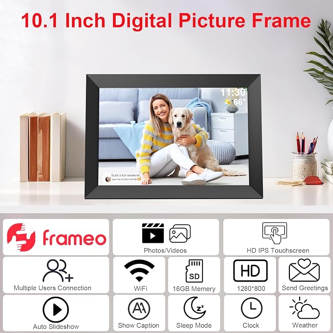 Frameo 10.1 Inch WiFi Digital Picture Frame, Digital Photo Frame with 1280x800 HD IPS Touch Screen, Auto-Rotate, Wall Mountable, Easy Setup to Share Moments Instantly via Frameo App, Gifts for Mom