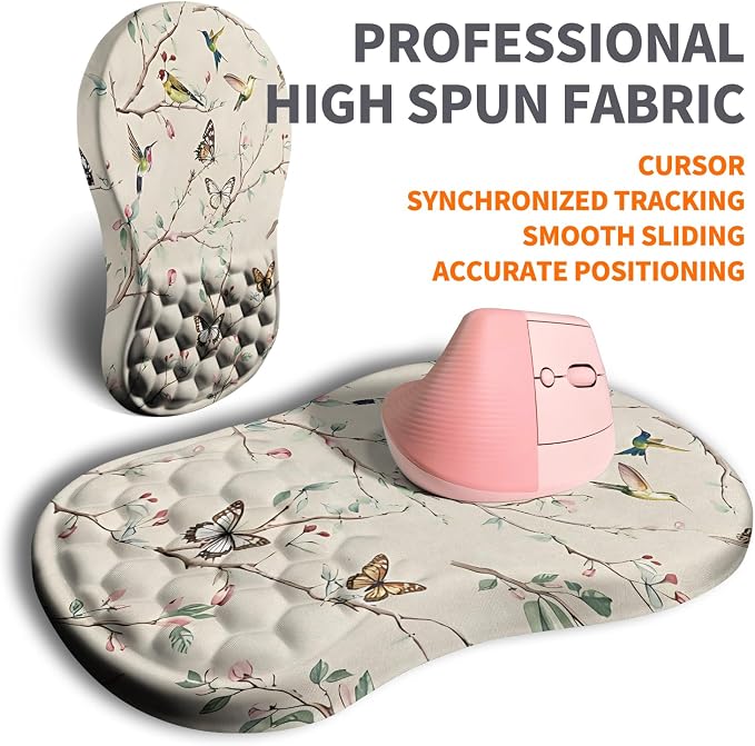 Ergonomic Joint Wrist Support Mouse Pad with Memory Foam Cushion Massage Bump, Carpal Tunnel Pain Relief Mousepad Slope Design for Wrist Rest, 11.8x7.9 in, Butterfly Hummingbird