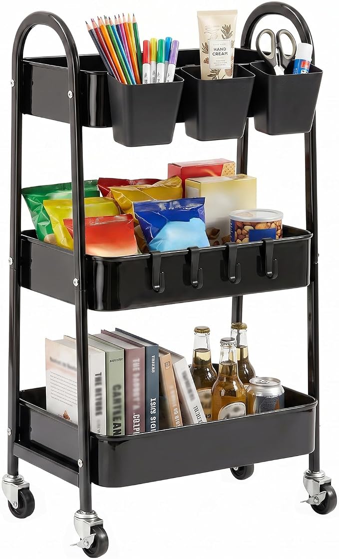 3-Tier Rolling Cart, Utility Cart Mobile Metal Rolling Storage Cart with Lockable Wheels & Hanging Cups & Hooks for Kitchen, Bathroom, Office, Workshop, Black