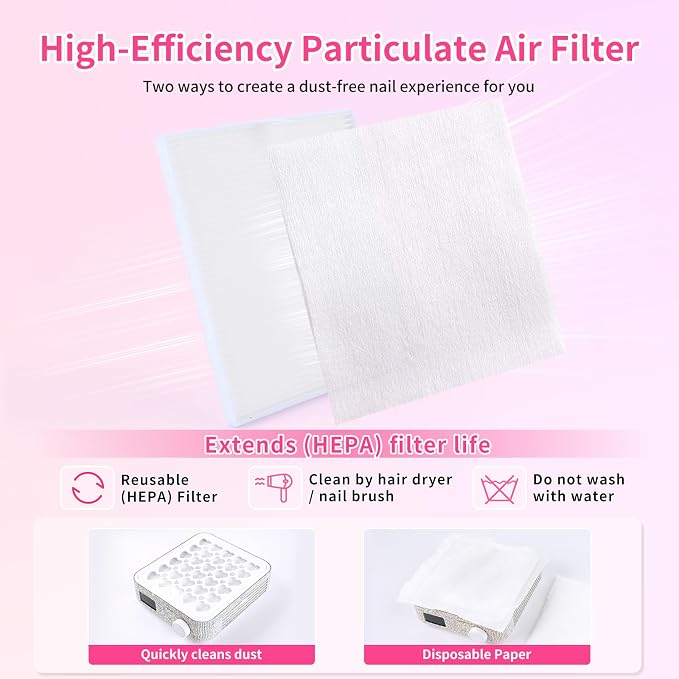 BQAN Portable Nail Dust Collector with 4200RPM Fan White AB Rhinestones | 10pcs Filter Papers Include & Nail Brush | Strong Suction | Adjustable Speed | For Acrylic & Gel | Professional & Home Use