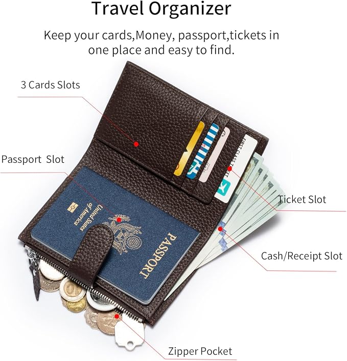 Passport wallet and Card Slot Combo RFID Blocking Leather Travel Passport Wallet for Men and Women with Zippered Coins Pocket Passport holder, Dark Brown