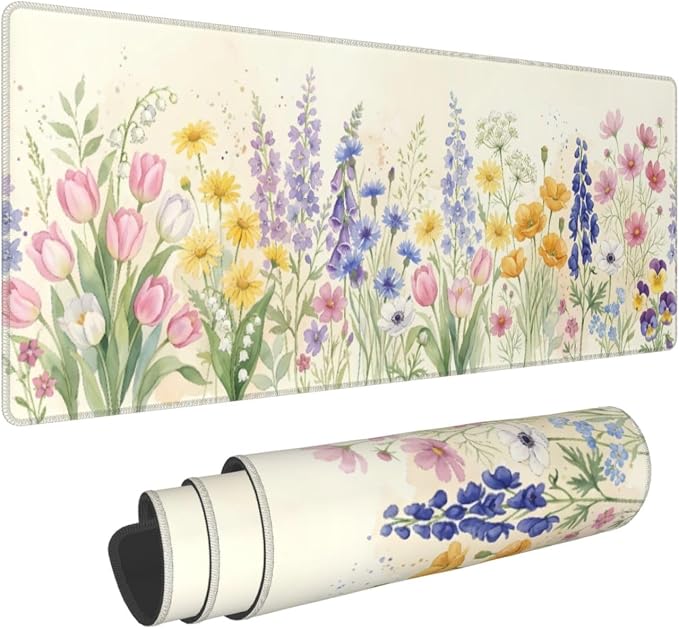 Watercolor Flowers Gaming Mouse Pad Extended Desk Mat 31.5x11.8in | Gaming Mousepad, Non-Slip Rubber Base, Large Keyboard Pad with Stitched Edges, Desktop Protector, for Office Home