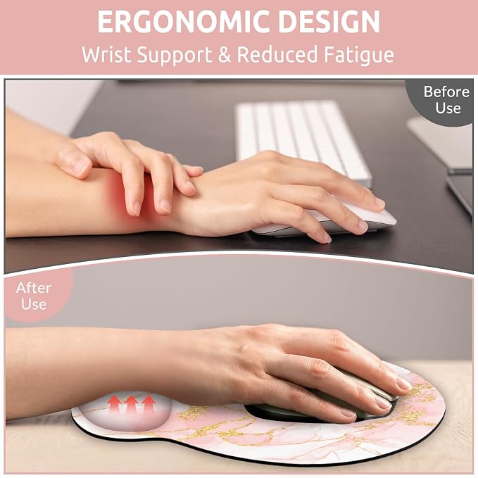 KONVINIT Ergonomic Mouse Pad with Wrist Rest, Small Mousepad with Non-Slip Rubber Base and Smooth Surface, Pink Mouse Pads for Desk, Office Desk Accessories
