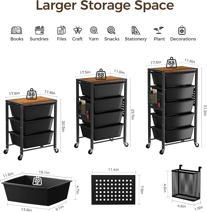 Rolling Cart with 5 Drawers, Plastic Drawer Storage Carts with Wheels & Wooden Tabletop, Metal Utility Cart with Pegboards, Office Living Room Classroom Craft Organization and Storage, Dark Black