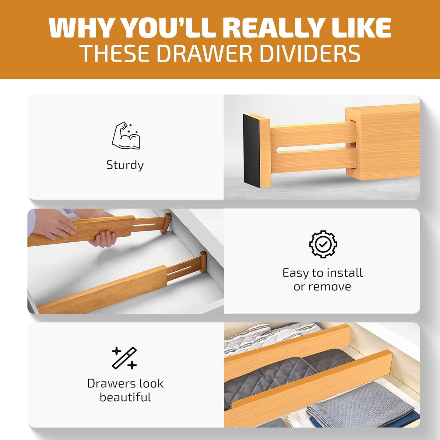 4 Pack Drawer Dividers Bamboo 2.6" High, 16-22" Adjustable Drawer Organizers for Clothes, Expandable Dresser Separators in Bedroom/Bathroom/Kitchen/Office Organization and Storage (Natural)