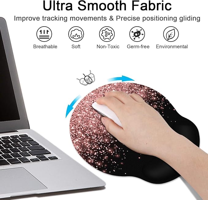 Ergonomic Mouse Pad Set with Wrist Rest, Rose Gold | Pink Black Golden Non-Slip Rubber Base Wrist Cushion Support and Coasters Mousepad with Wrist Support for Computer Keyboard