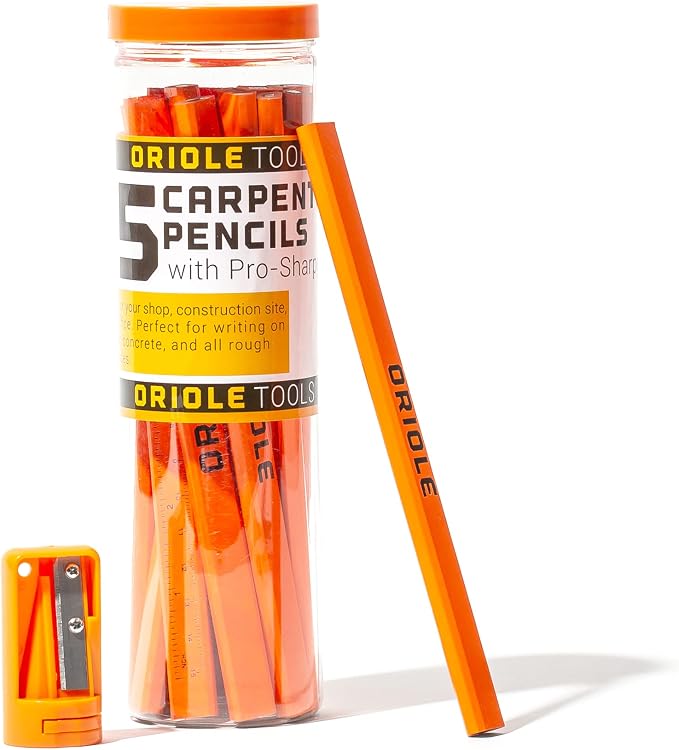 Carpenter Pencils 15 Pack with Sharpener and Storage Container — Flat Construction Pencils for Framing, Woodworking, Concrete, Drywall | For Contractors & DYI