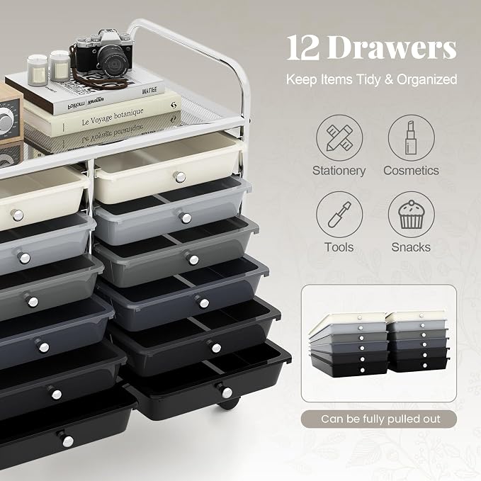 RELAX4LIFE 12-Drawer Rolling Storage Cart - Mobile Utility Cart on Wheels for School Classroom Teacher Office Salon, Paper File Art Supply Craft Organizer, Rolling Cart with Drawers (Gradient Black)